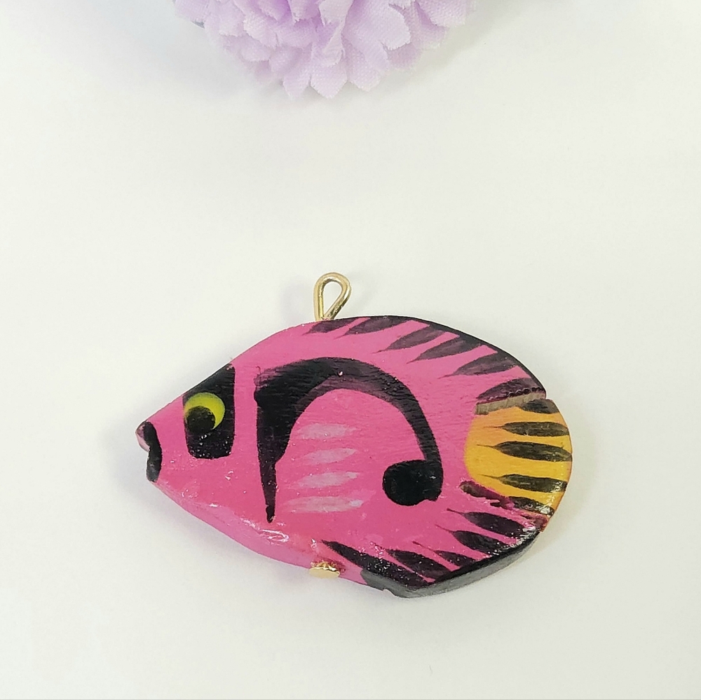 Vintage Pink Hand-Painted Wooden Fish Pendant or Charm